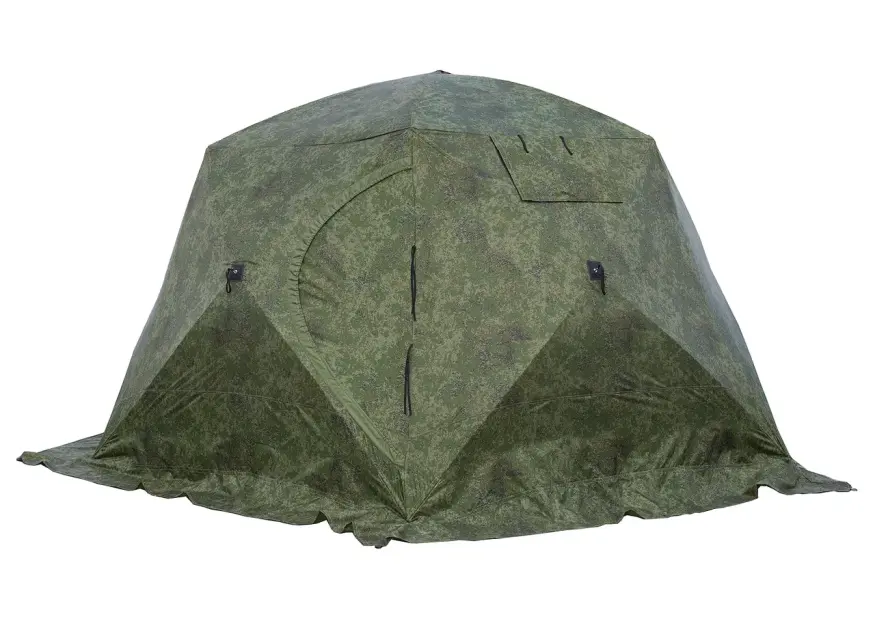 Палатка зимняя ЧУМ 3 (трехслойная, пиксель с выводом под трубу и навесом)